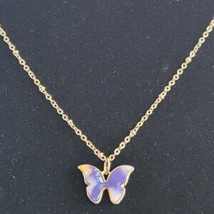 NWOT purple-yellow-white gold tone butterfly pendant on 18-inch gold tone chain